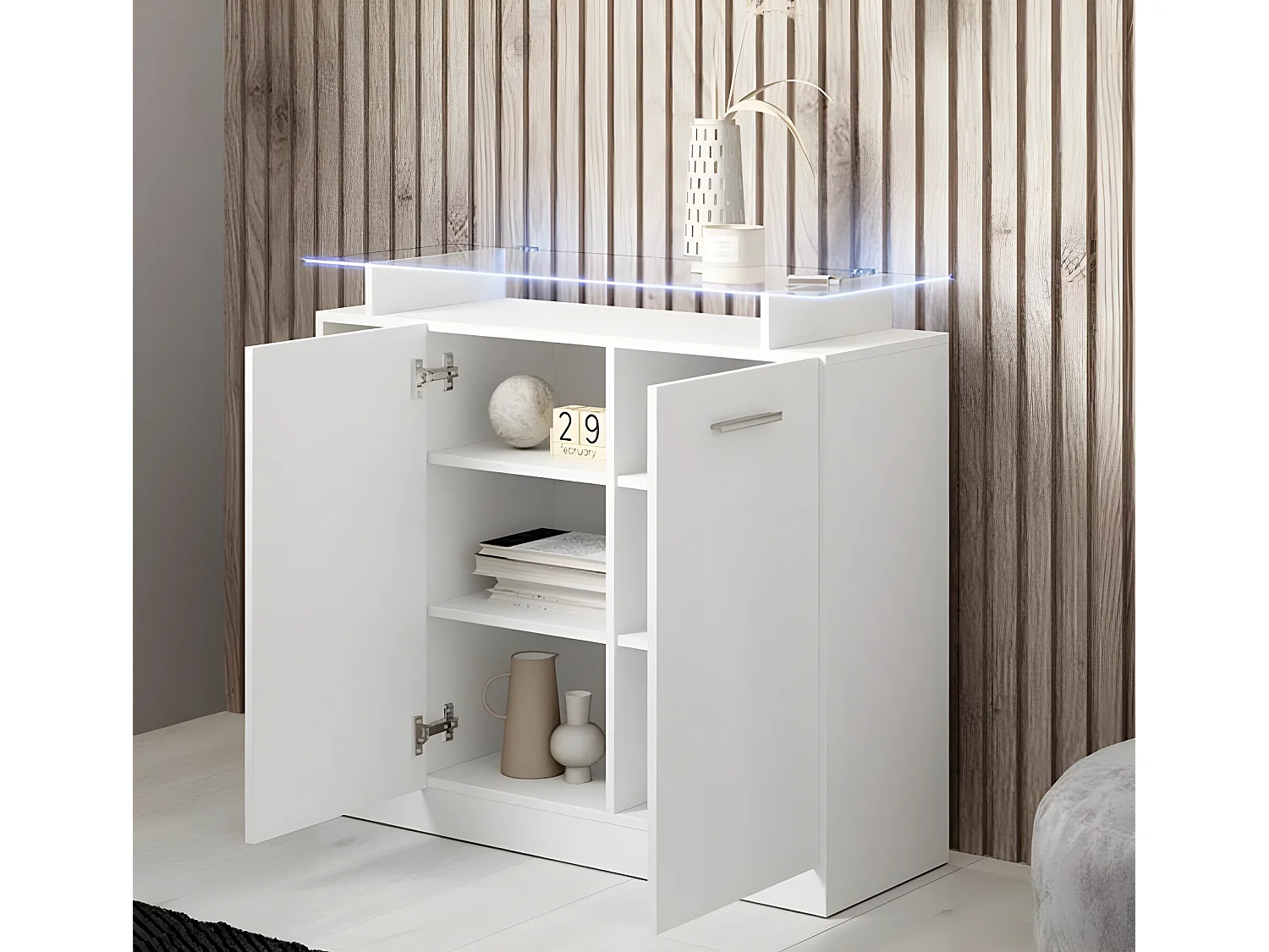 Meuble d'entrée pour Hall d'entrée Couloir en Blanc avec LED 97x35x87cm Paola 2P