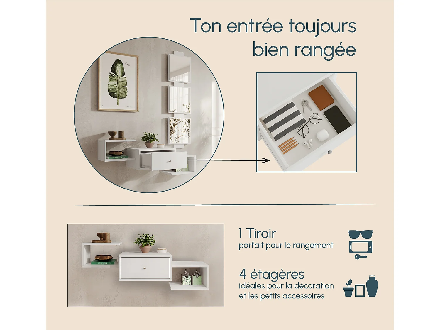 Meuble d'entrée pour Hall d'entrée Couloir en Blanc 99,5x22x145cm Neo