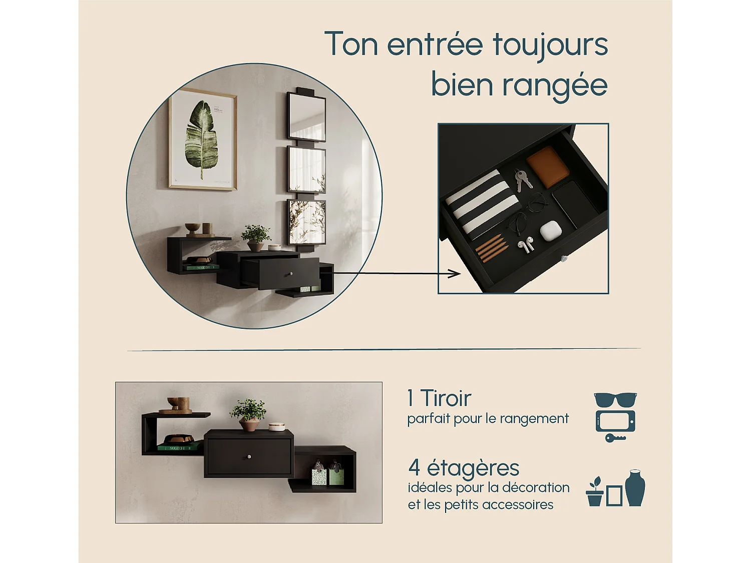 Meuble d'entrée pour Hall d'entrée Couloir en Noir 99,5x22x145cm Neo