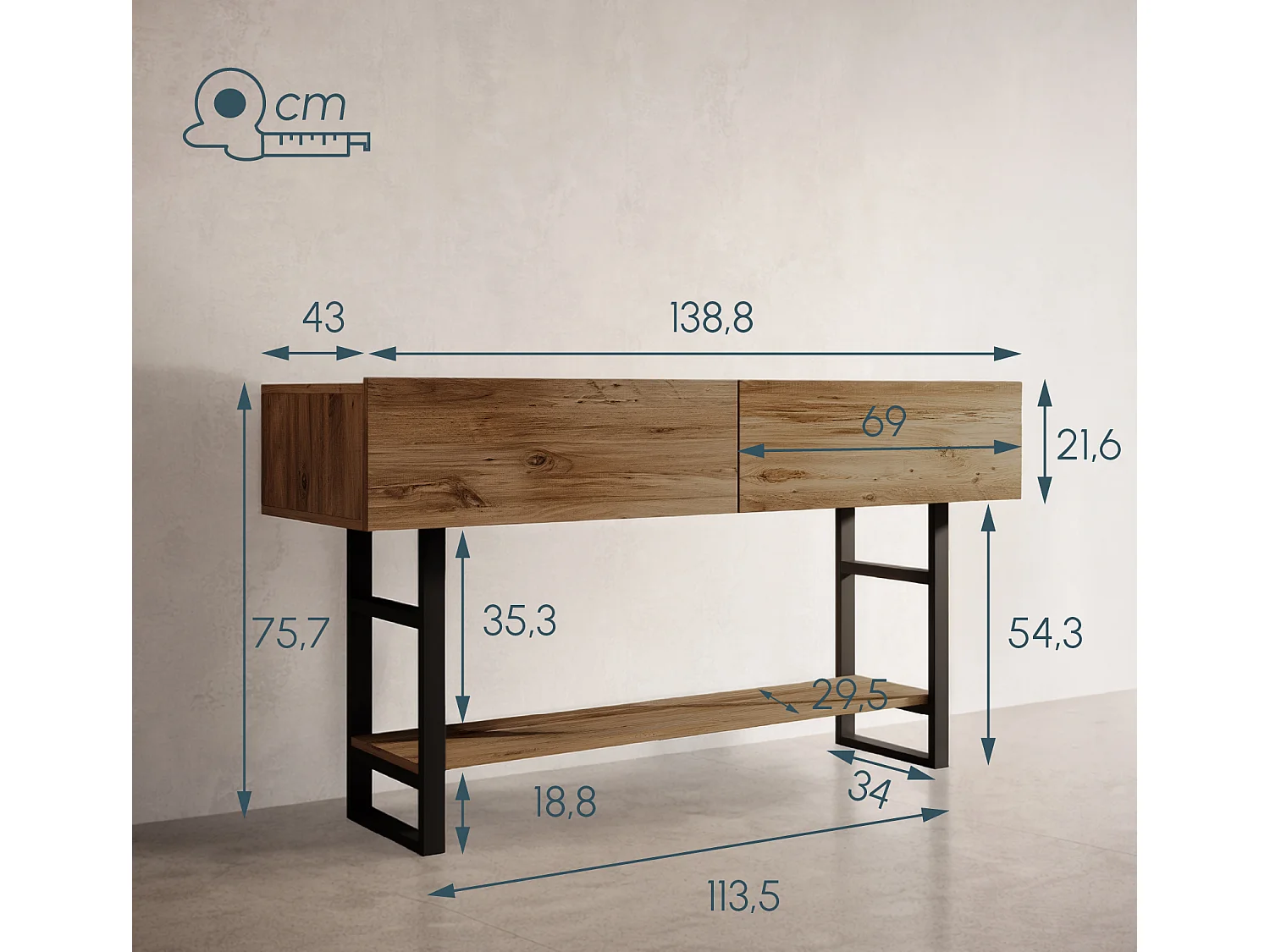 Recibidor para Entrada Pasillo en Pino Atlantico y Acero 138,8x43x75,7cm Factory R1