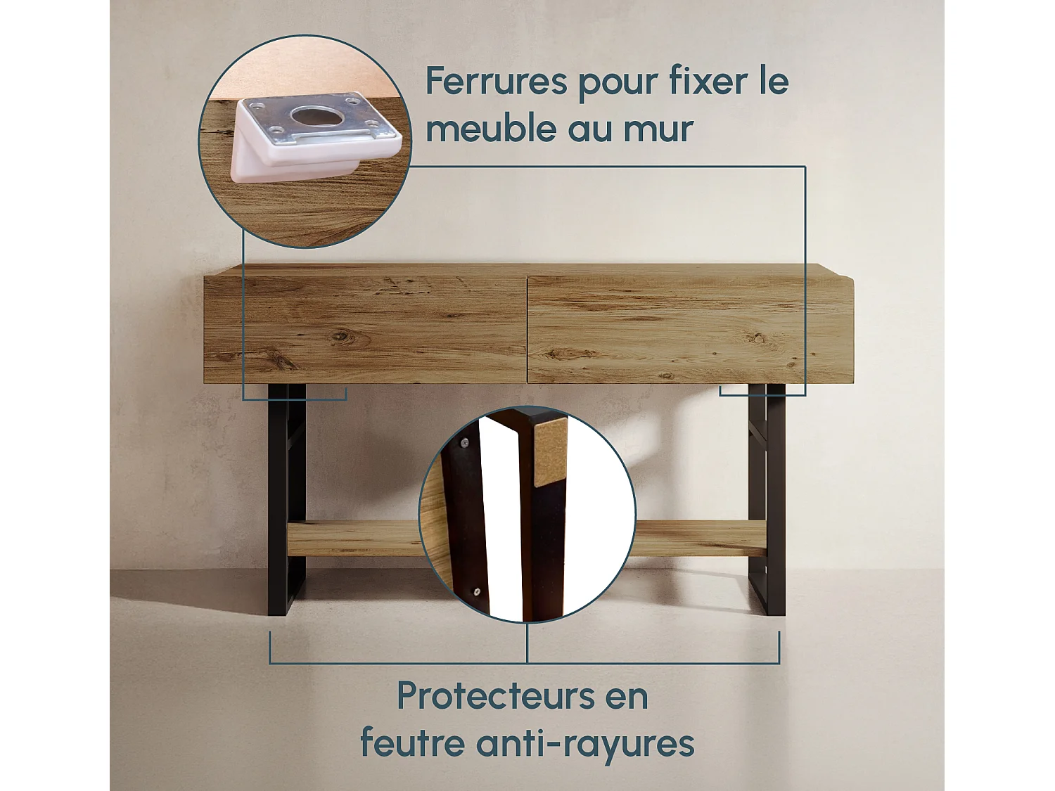 Recibidor para Entrada Pasillo en Pino Atlantico y Acero 138,8x43x75,7cm Factory R1