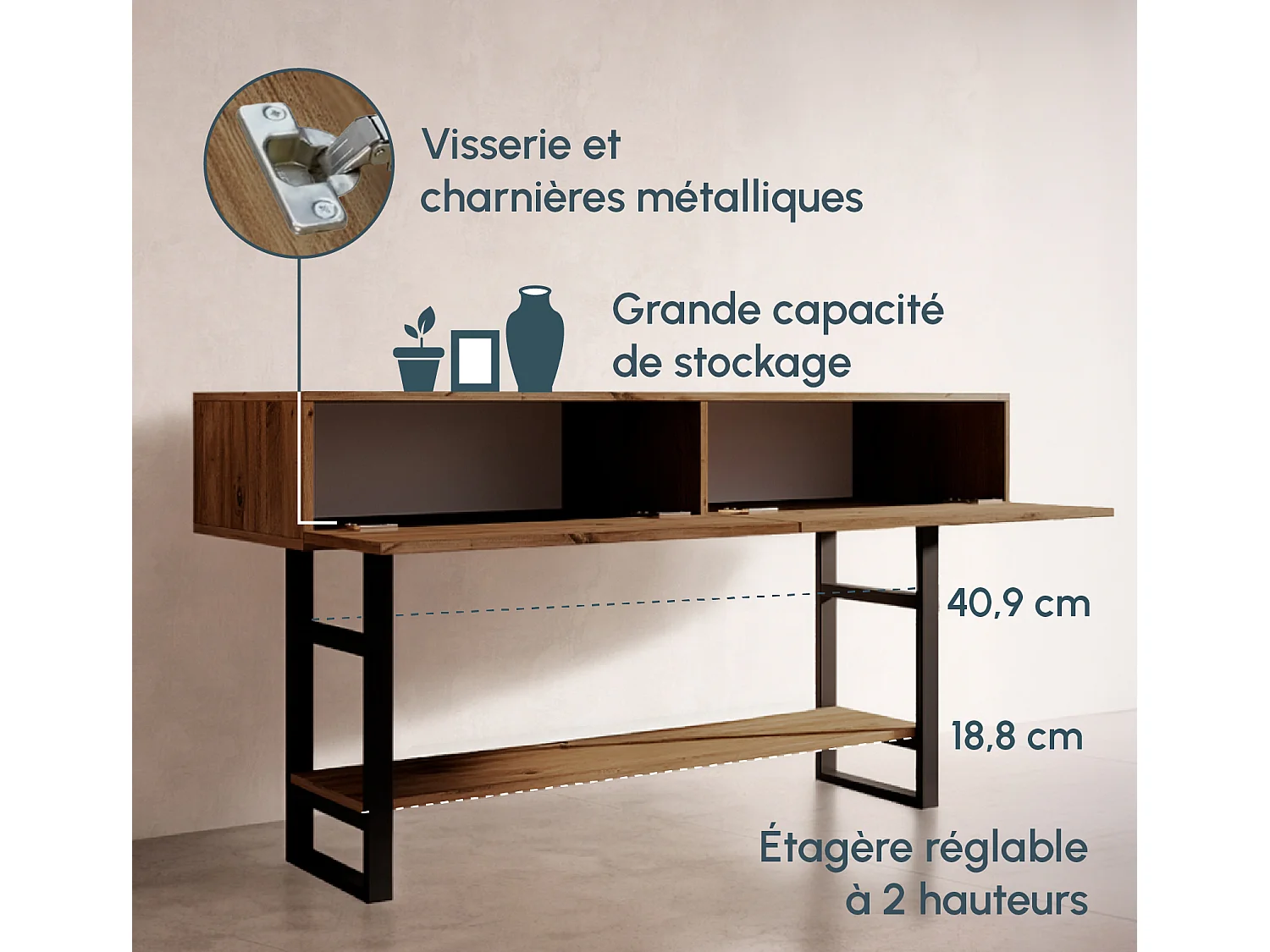 Recibidor para Entrada Pasillo en Pino Atlantico y Acero 138,8x43x75,7cm Factory R1