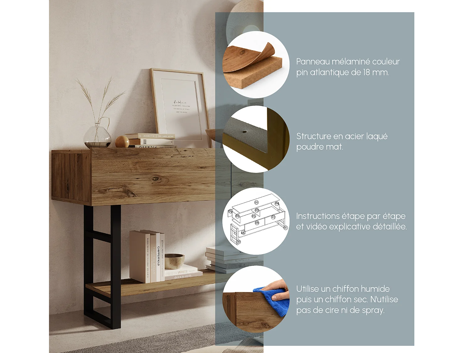 Recibidor para Entrada Pasillo en Pino Atlantico y Acero 138,8x43x75,7cm Factory R1