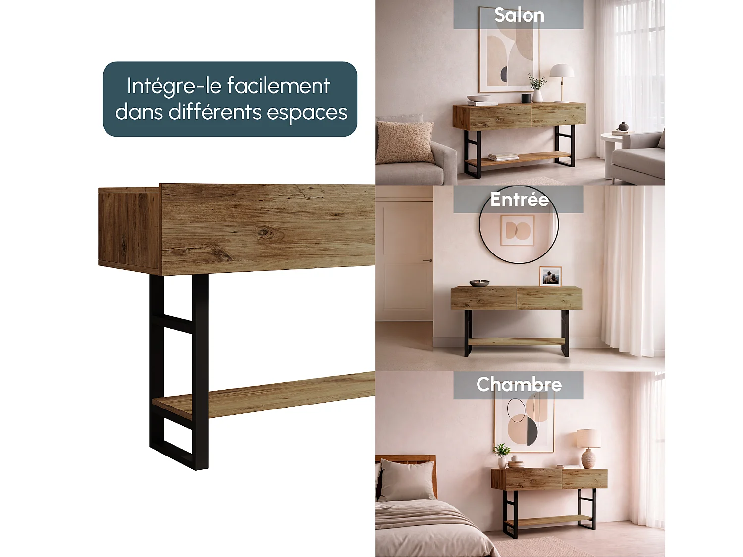 Recibidor para Entrada Pasillo en Pino Atlantico y Acero 138,8x43x75,7cm Factory R1