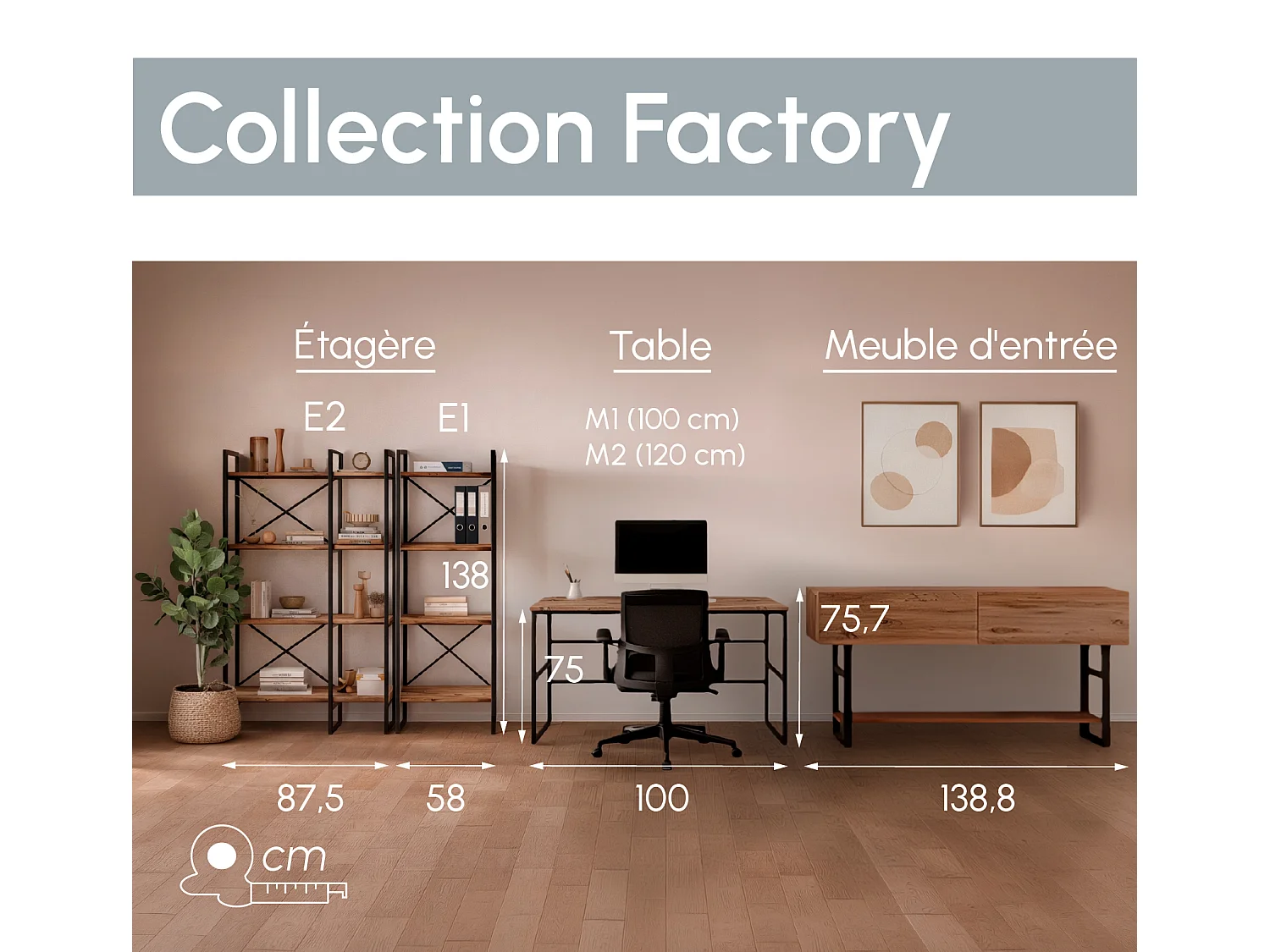 Recibidor para Entrada Pasillo en Pino Atlantico y Acero 138,8x43x75,7cm Factory R1