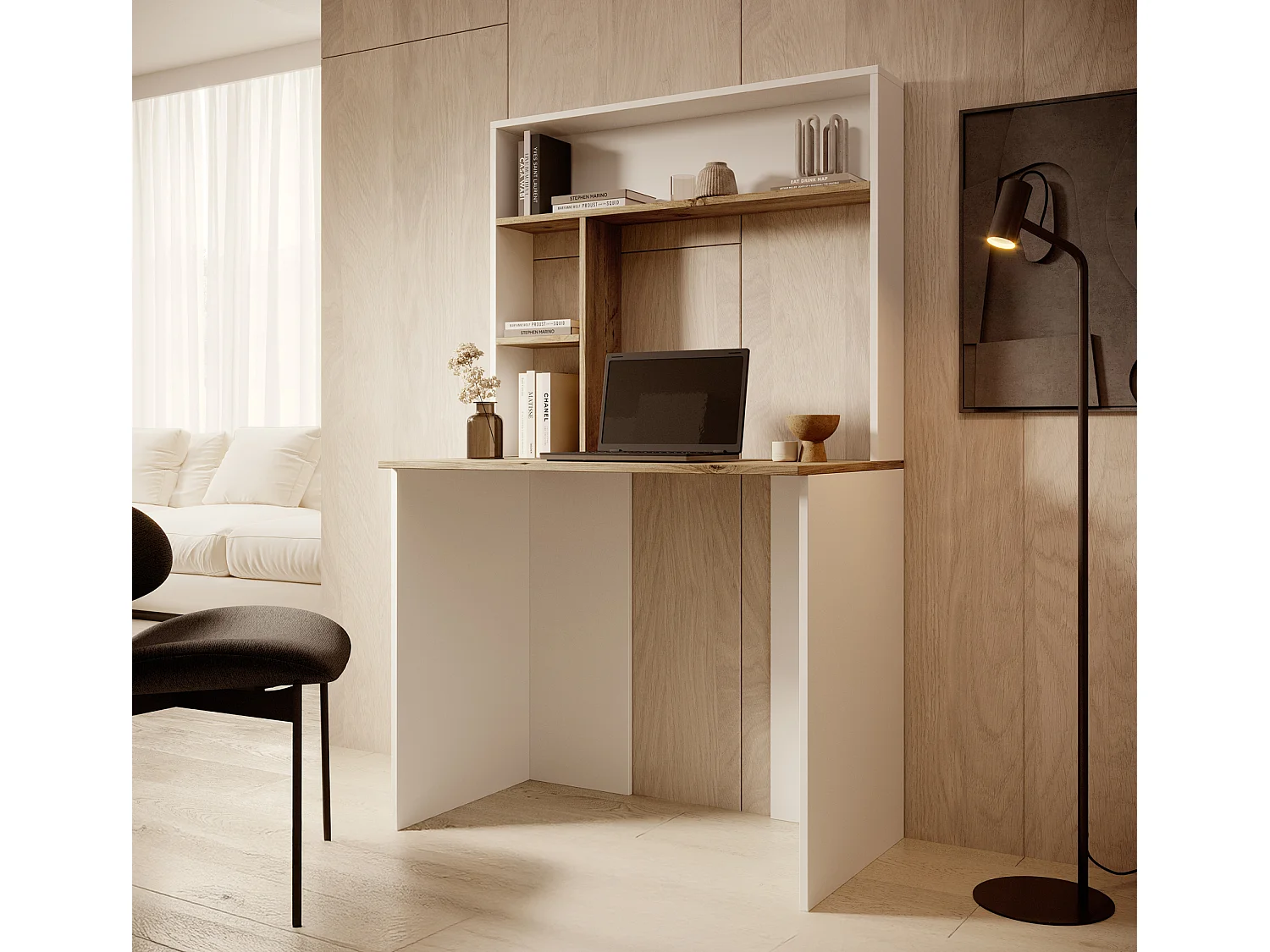 Escritorio para Dormitorio Oficina en Blanco y Pino Atlantico 90x51,6x149cm Pixel