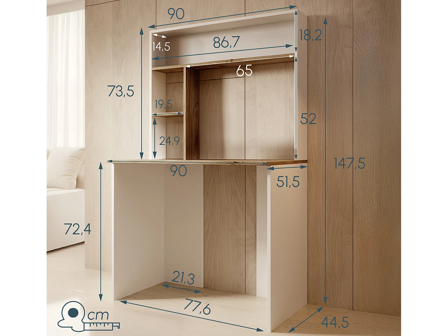 Escritorio para Dormitorio Oficina en Blanco y Pino Atlantico 90x51,6x149cm Pixel