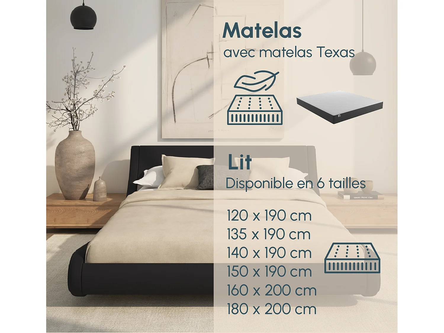Lit double avec Matelas 150x190cm en Noir Alessia