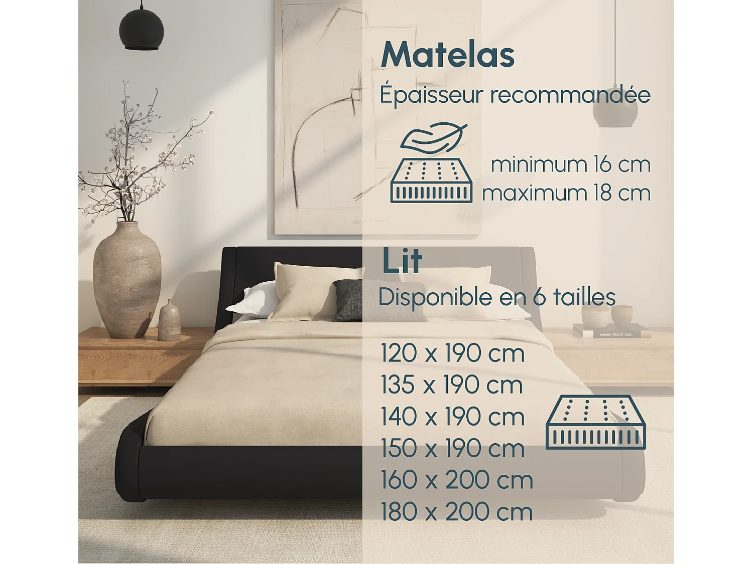 Lit double 120x190cm en Noir Alessia