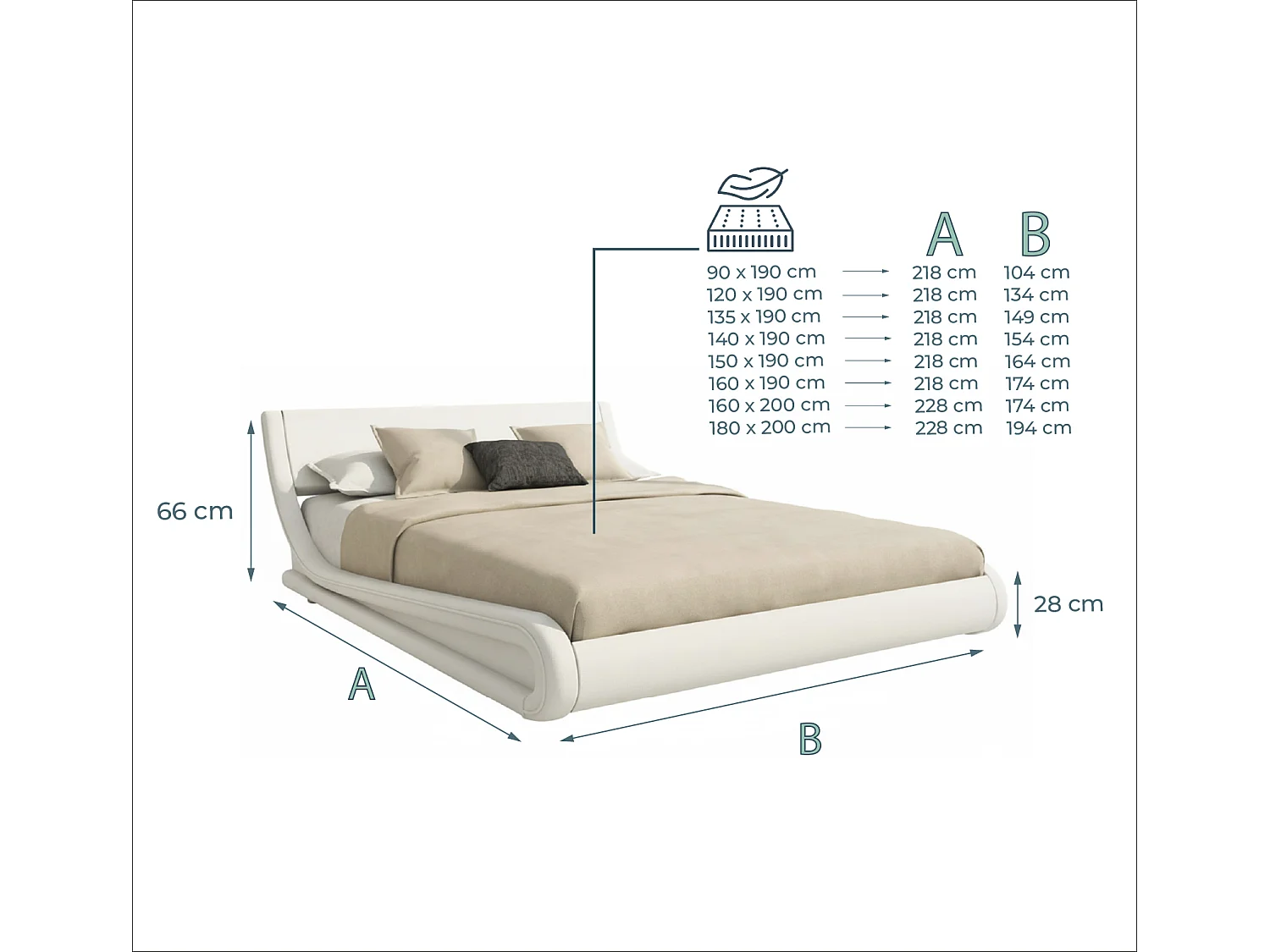 Cama de matrimonio 120x190cm en Blanco Alessia