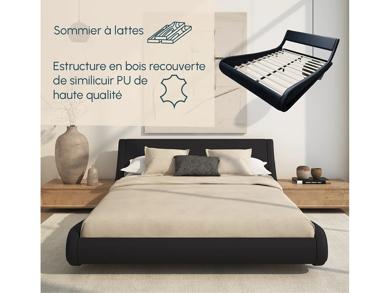 Cama de matrimonio con Colchón 135x190cm en Negro Alessia