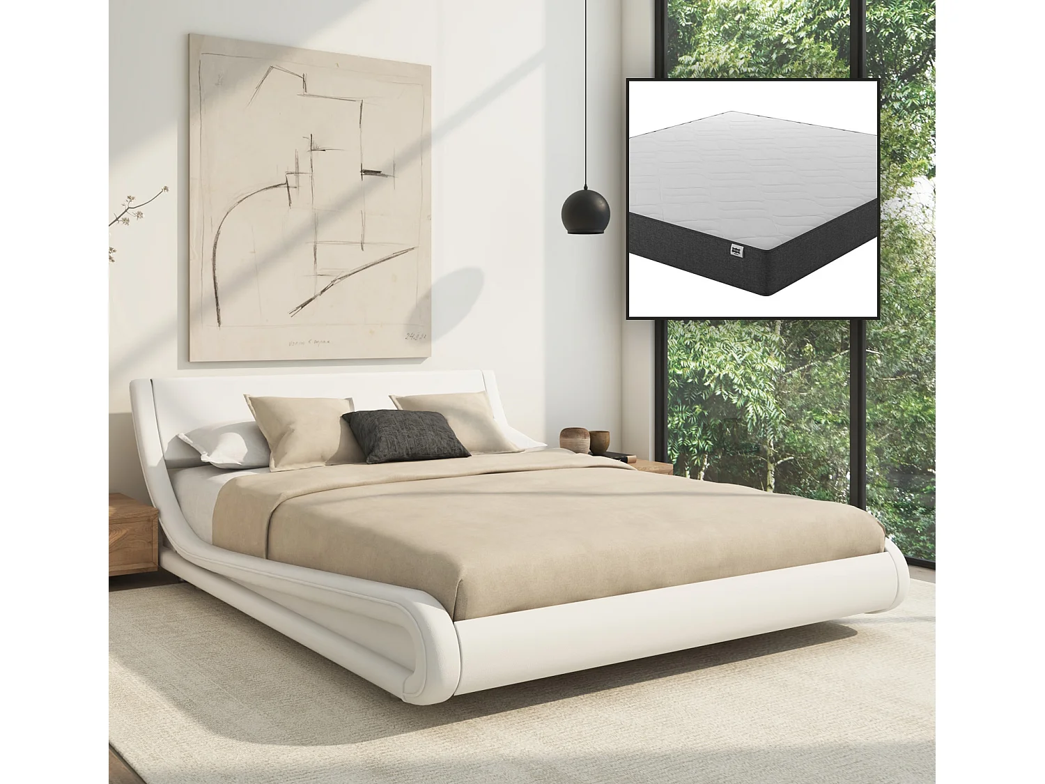 Lit double avec Matelas 160x200cm en Blanc Alessia