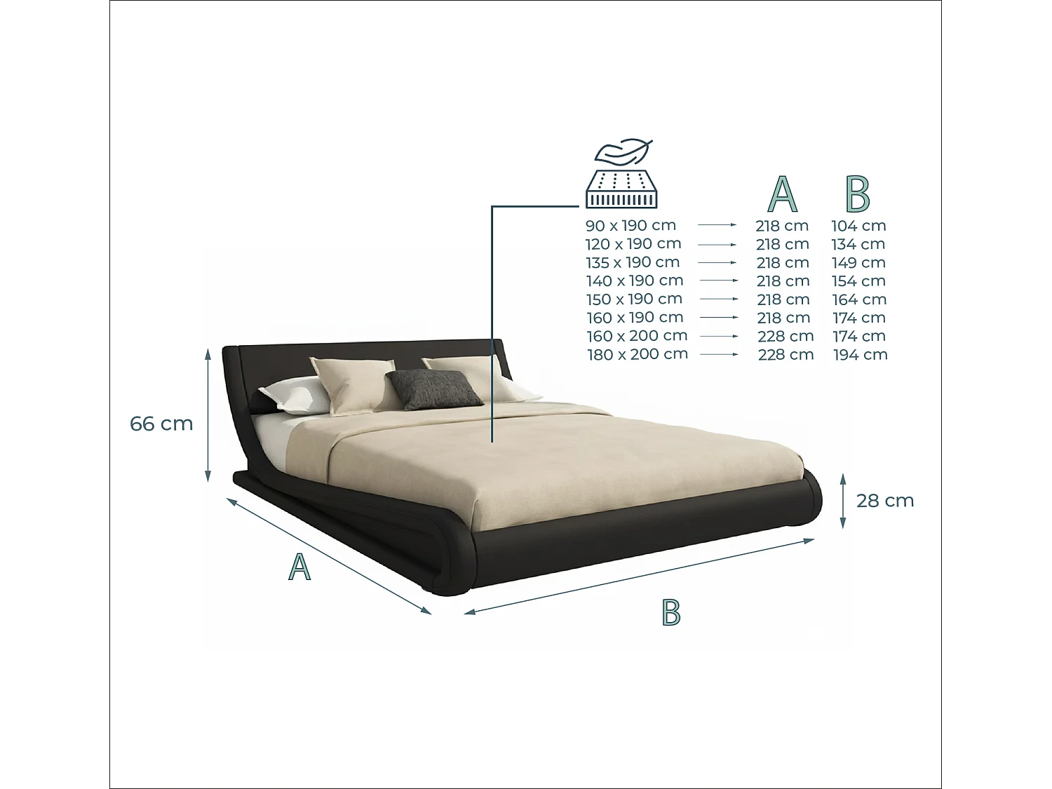 Cama de matrimonio con Colchón 160x200cm en Negro Alessia