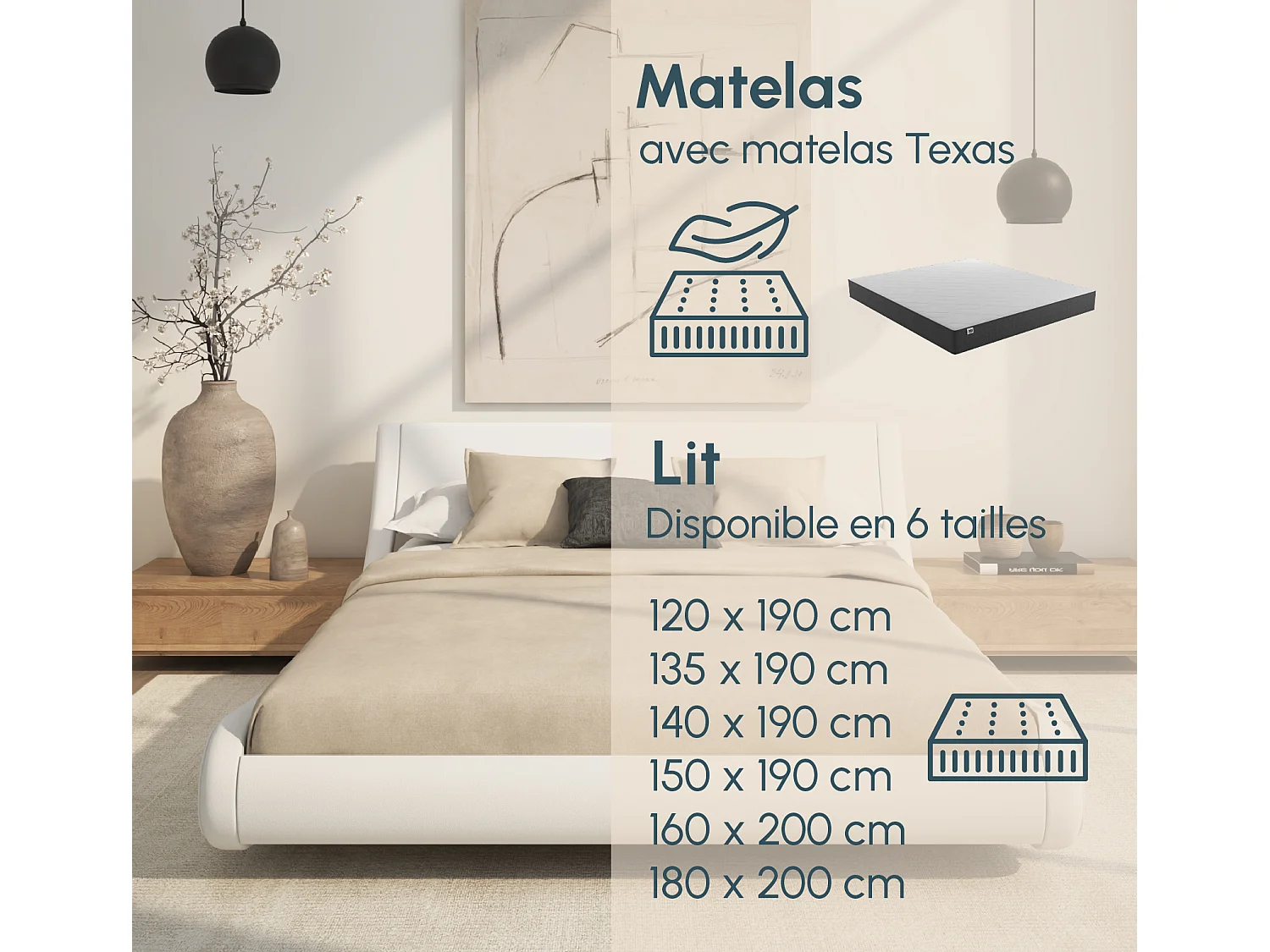Lit double avec Matelas 180x200cm en Blanc Alessia