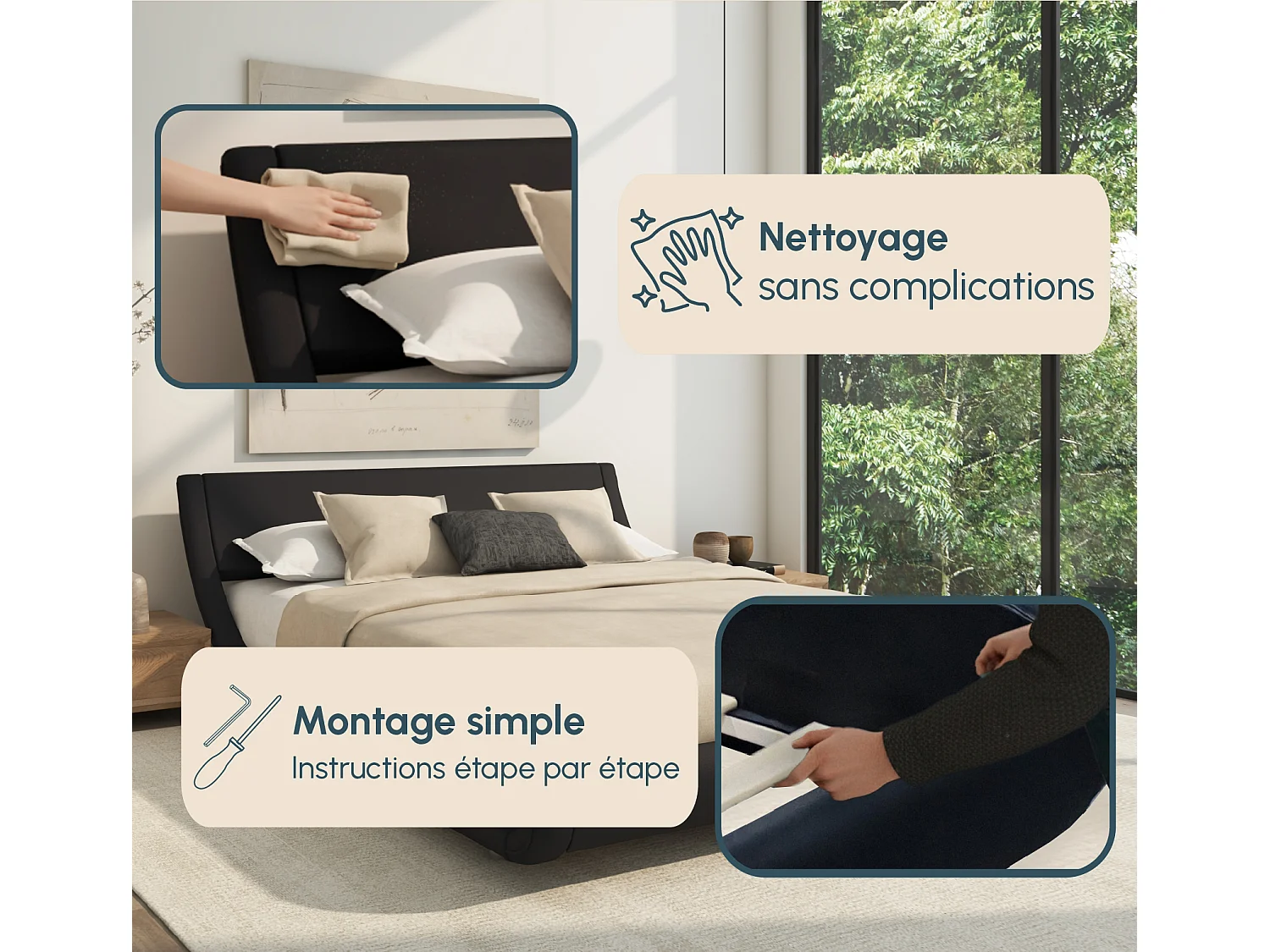 Lit double 160x200cm en Noir Alessia