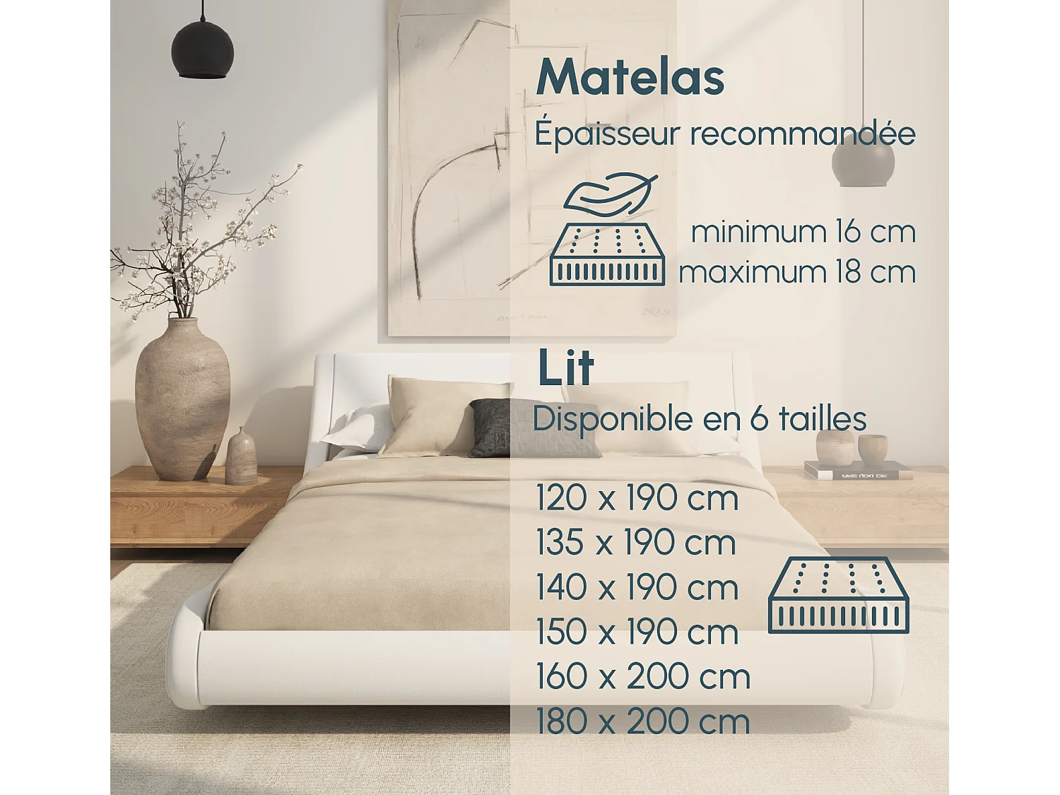 Cama de matrimonio 135x190cm en Blanco Alessia