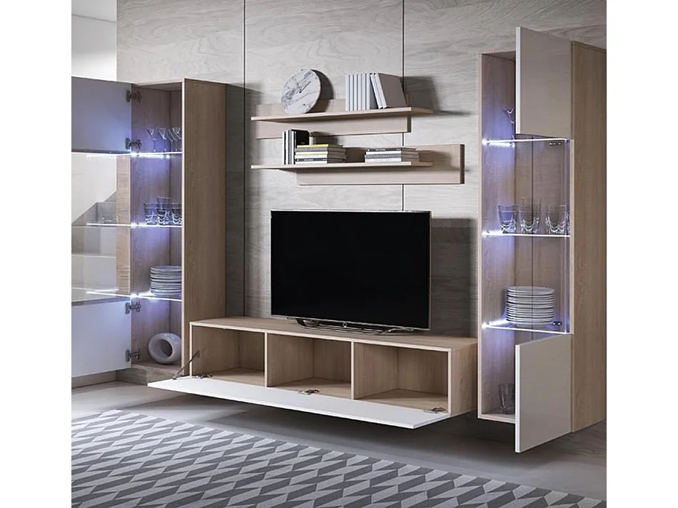 Meuble tv mural pour Salon Salle à manger en Sonoma et Blanc avec LED 260x40x165cm Luke 9