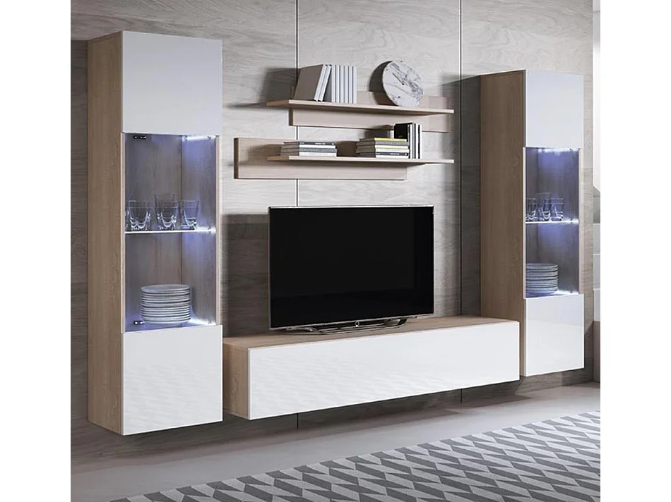 Meuble tv mural pour Salon Salle à manger en Sonoma et Blanc avec LED 260x40x165cm Luke 9