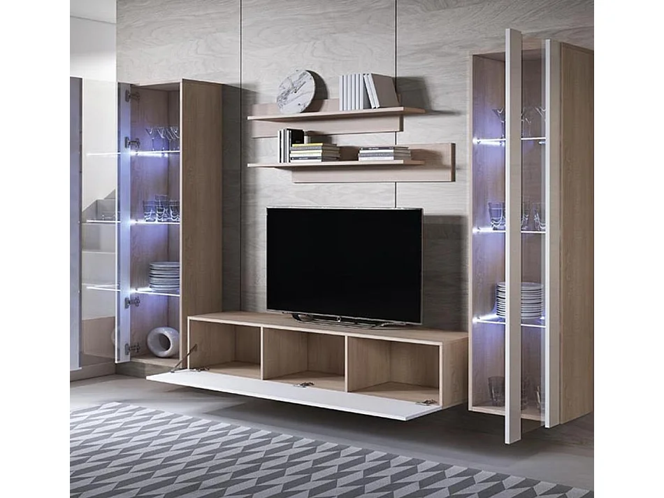 Mueble de salón para Salón comedor en Sonoma y Blanco con LED 260x40x165cm Luke 8