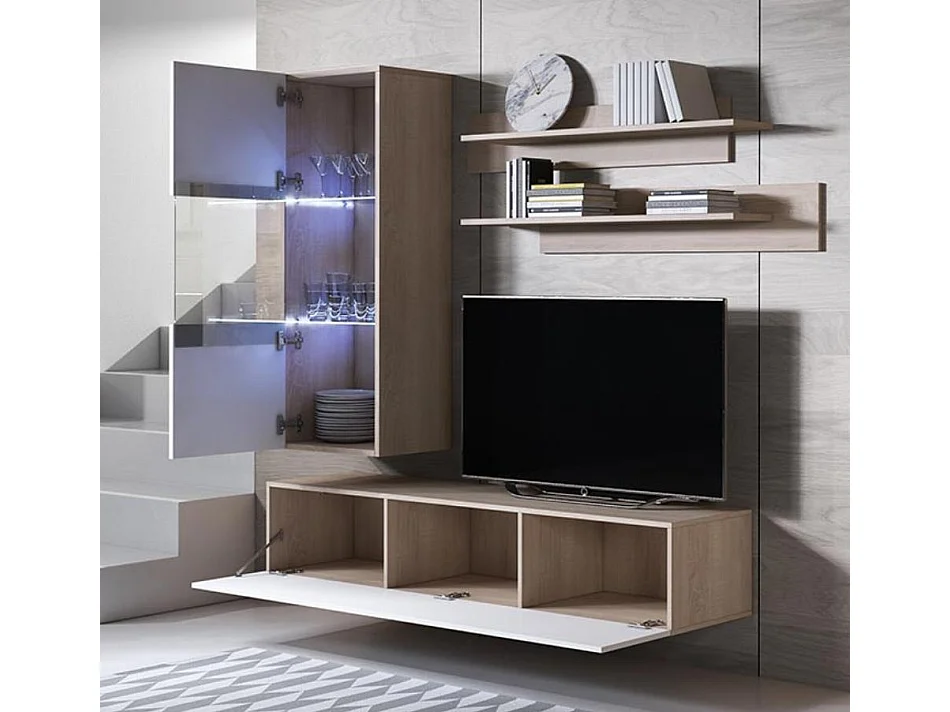 Meuble tv mural pour Salon Salle à manger en Sonoma et Blanc avec LED 160x40x166cm Luke 6