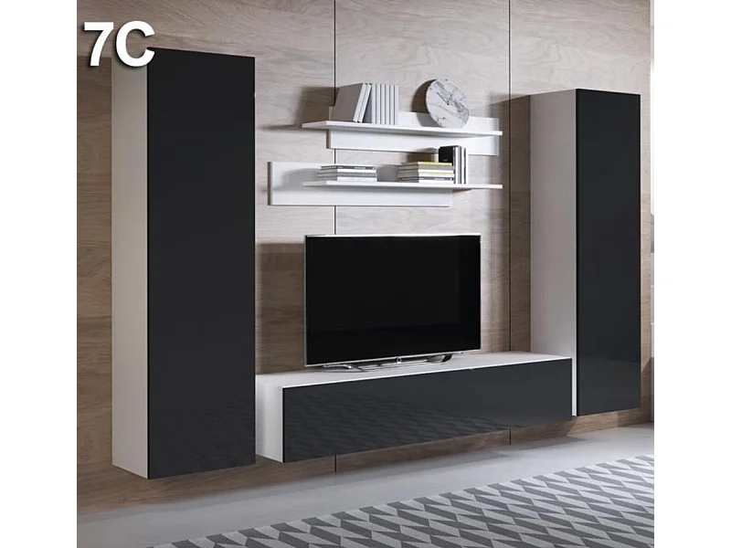 Meuble tv mural pour Salon Salle à manger en Blanc et Noir 260x40x165cm Luke 7