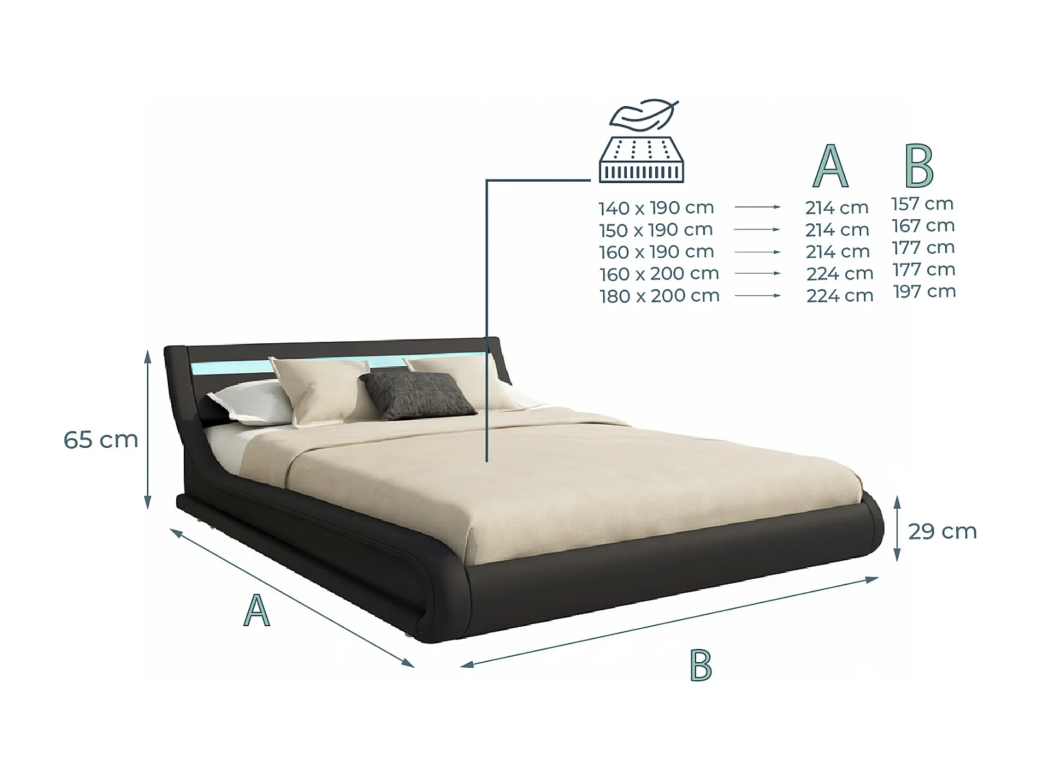 Lit double avec coffre 150x190cm en Noir avec LED Parisina