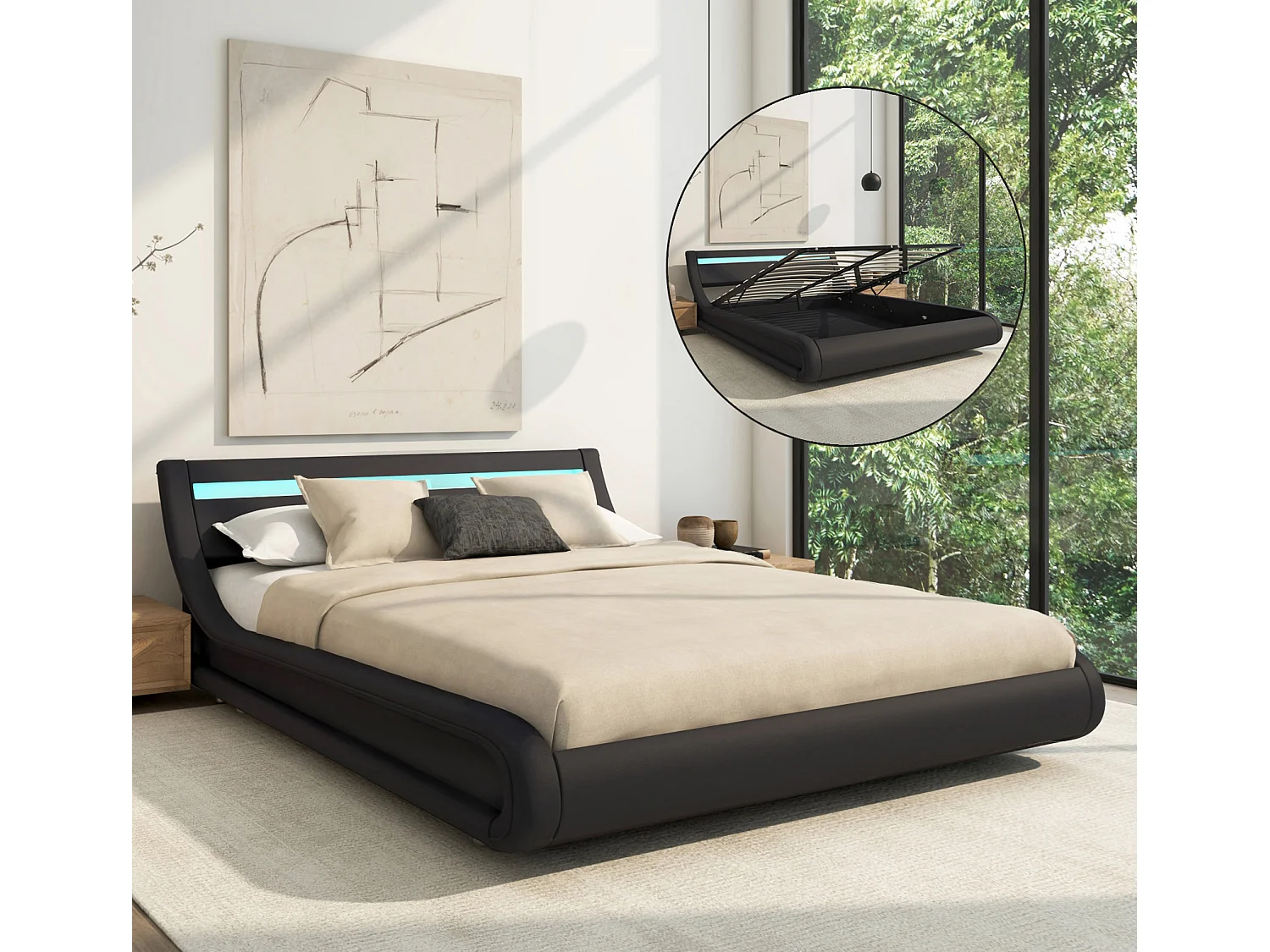 Lit double avec coffre 150x190cm en Noir avec LED Parisina