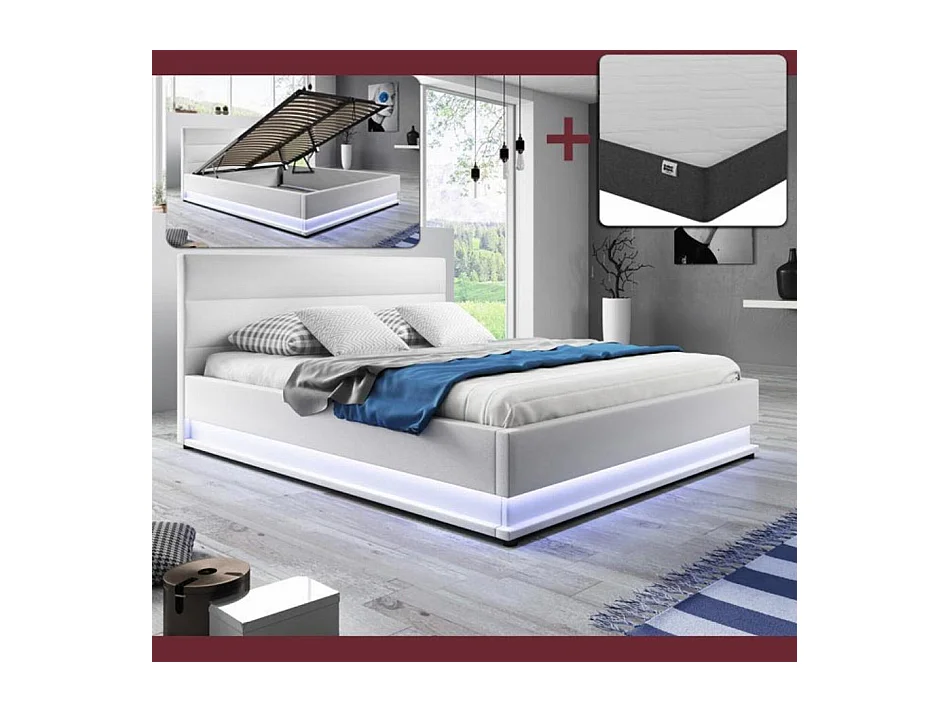 Lit double avec Coffre et Matelas 180x200cm en Blanc avec LED Nitas