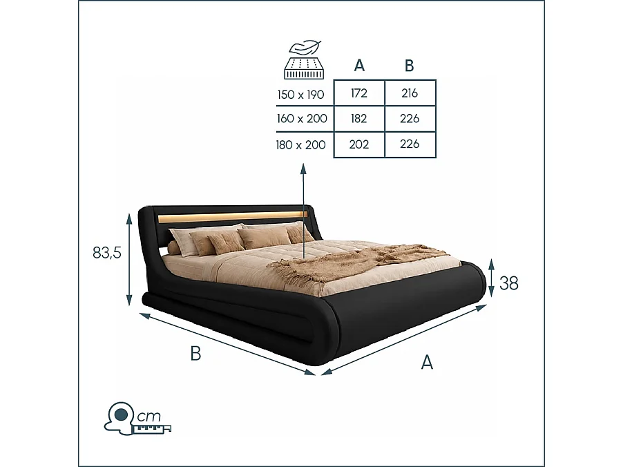 Cama de matrimonio con Canapé y Colchón 150x190cm en Negro con LED Rodas