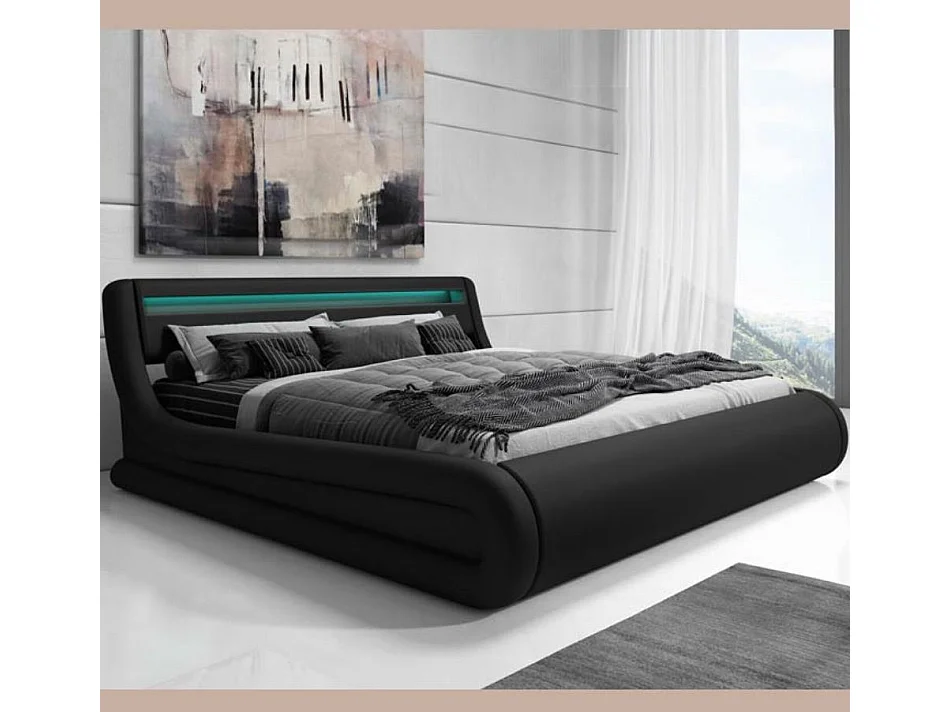Cama de matrimonio con Canapé y Colchón 150x190cm en Negro con LED Rodas