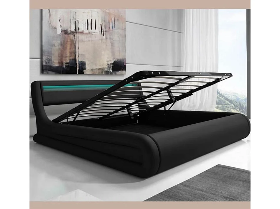 Cama de matrimonio con Canapé y Colchón 150x190cm en Negro con LED Rodas