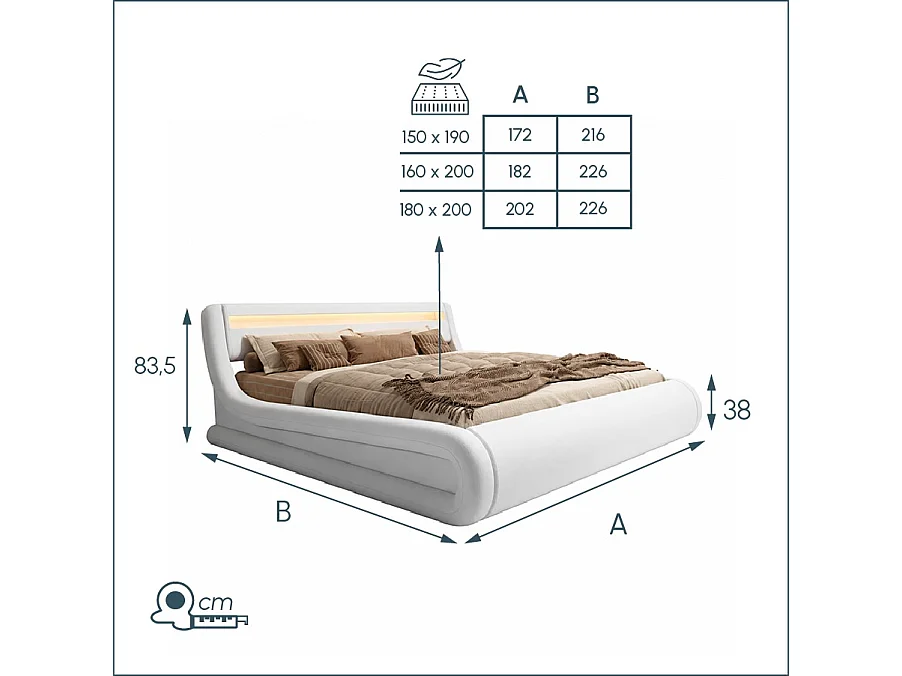 Cama de matrimonio con Canapé y Colchón 180x200cm en Blanco con LED Rodas