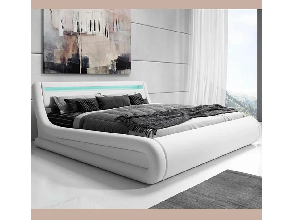 Cama de matrimonio con Canapé y Colchón 180x200cm en Blanco con LED Rodas