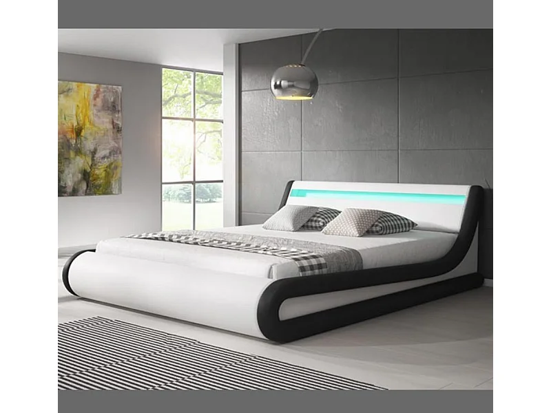 Lit double avec coffre 160x200cm en Blanc et Noir avec LED Parisina