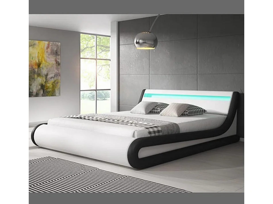 Cama de matrimonio con canapé 160x200cm en Blanco y Negro con LED Parisina