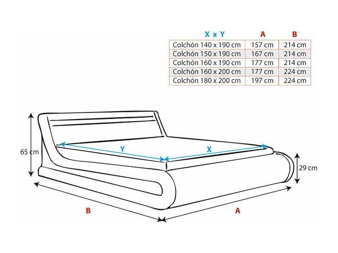 Cama de matrimonio con canapé 160x200cm en Blanco y Negro con LED Parisina
