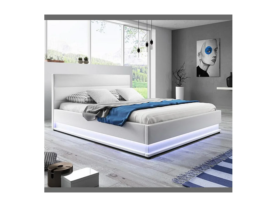 Lit double avec coffre 150x190cm en Blanc avec LED Nitas