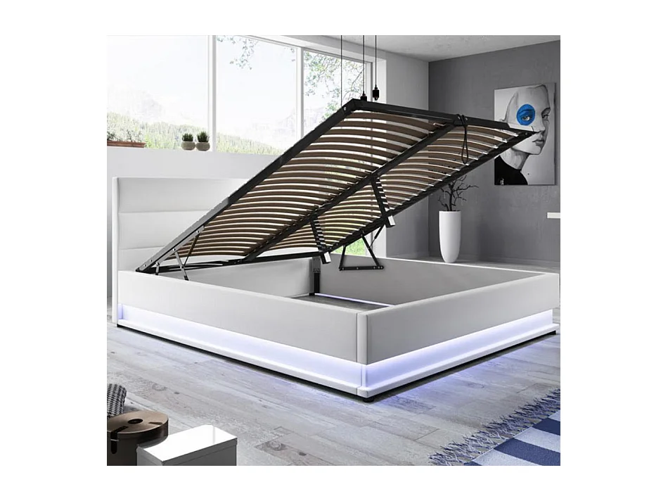 Lit double avec coffre 150x190cm en Blanc avec LED Nitas