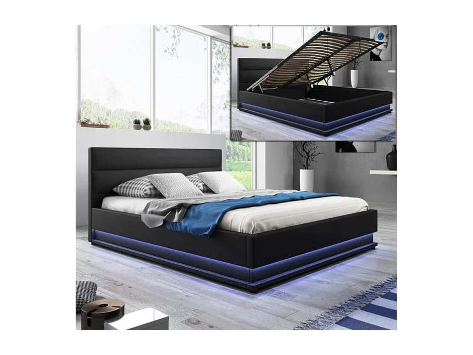 Lit double avec coffre 180x200cm en Noir avec LED Nitas