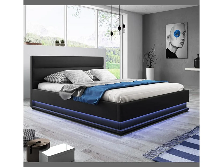 Lit double avec coffre 180x200cm en Noir avec LED Nitas