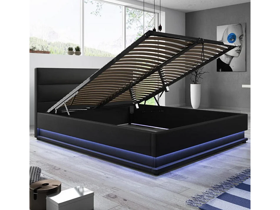 Lit double avec coffre 180x200cm en Noir avec LED Nitas