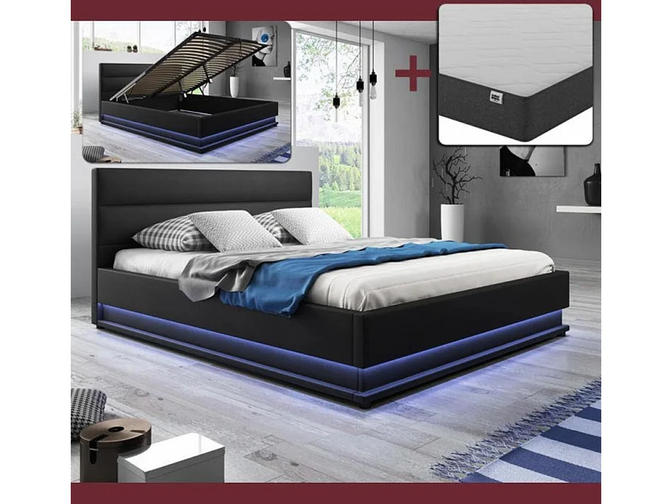 Lit double avec coffre 150x190cm en Noir avec LED Nitas