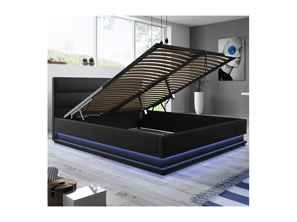 Lit double avec coffre 150x190cm en Noir avec LED Nitas