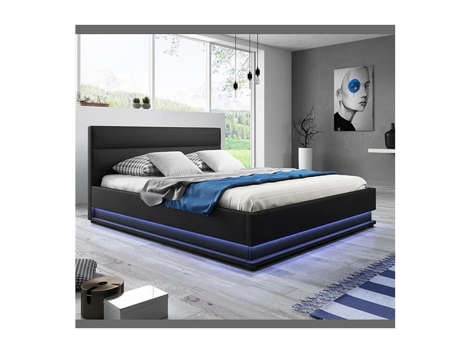 Lit double avec coffre 150x190cm en Noir avec LED Nitas