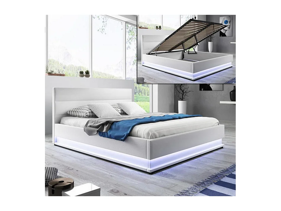 Lit double avec coffre 180x200cm en Blanc avec LED Nitas