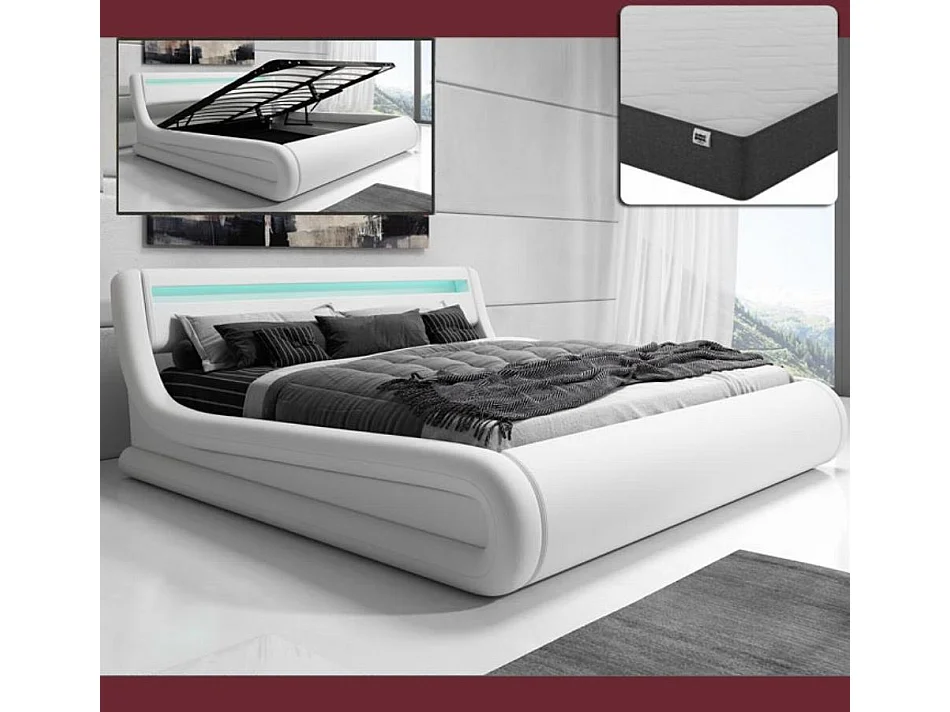 Cama de matrimonio con Canapé y Colchón 150x190cm en Blanco con LED Rodas