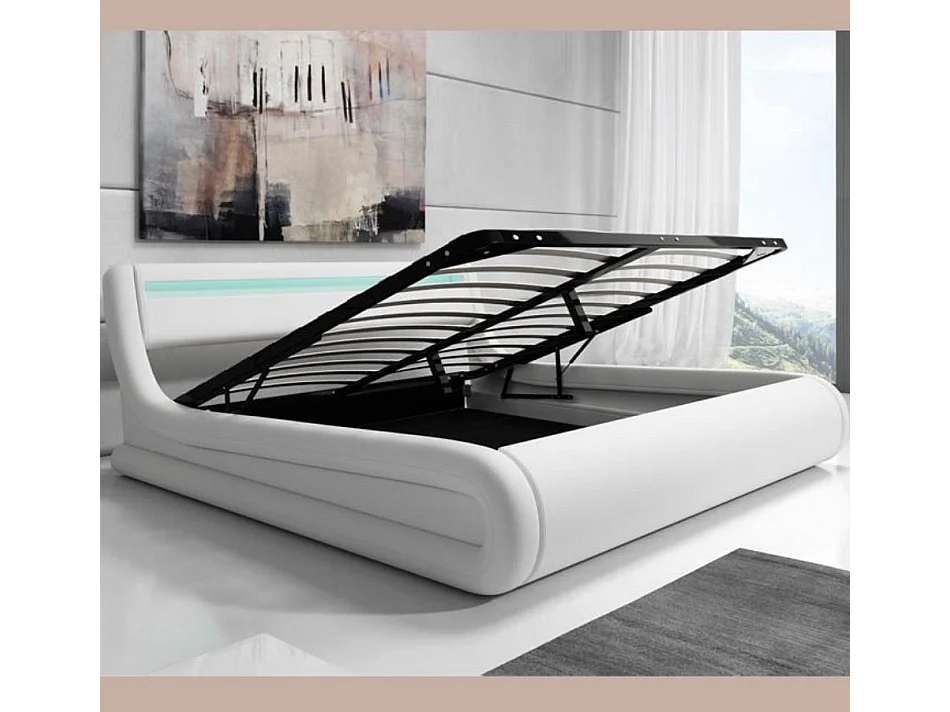 Cama de matrimonio con Canapé y Colchón 150x190cm en Blanco con LED Rodas