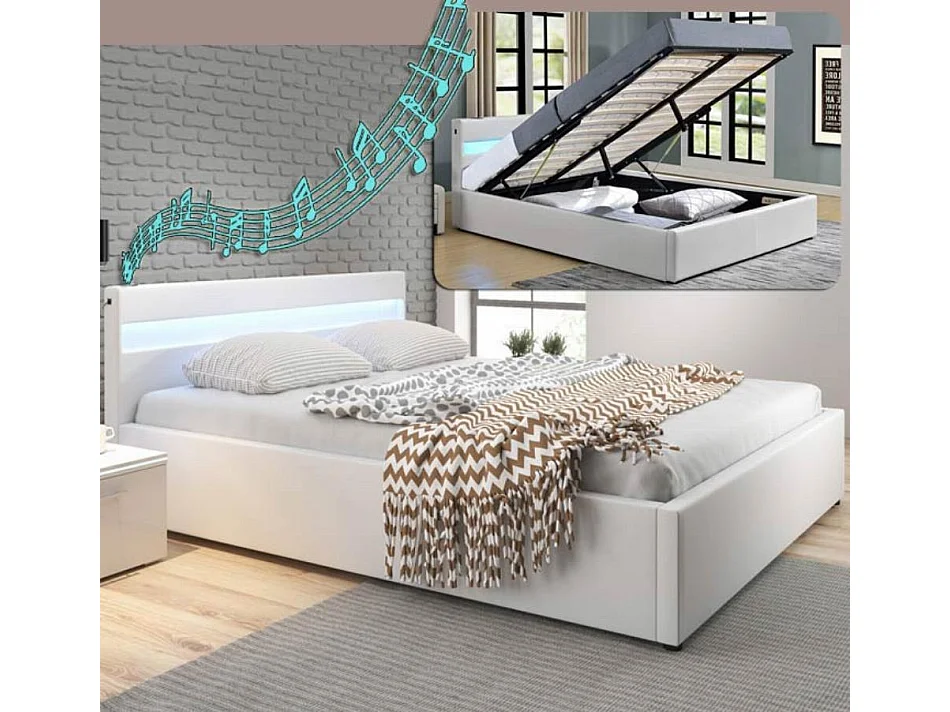 Lit double avec coffre 180x200cm en Blanc avec LED Bahia