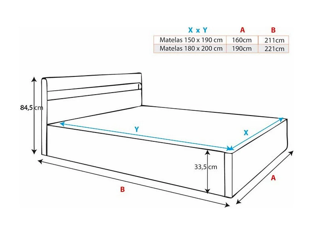 Lit double avec coffre 180x200cm en Blanc avec LED Bahia