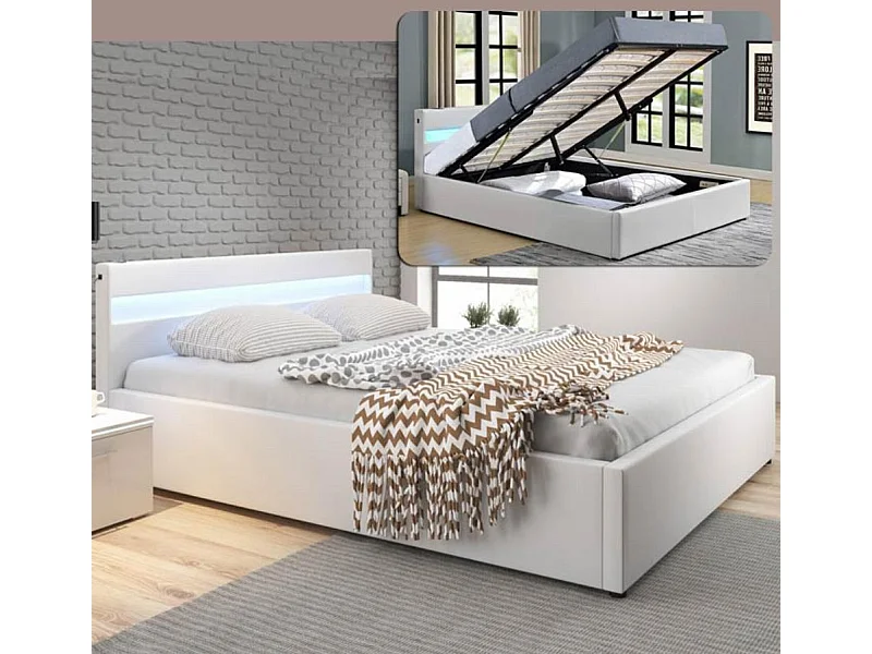 Lit double avec coffre 180x200cm en Blanc avec LED Bahia